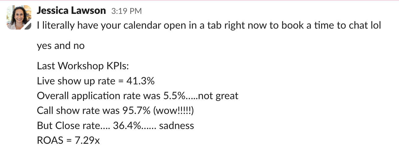 Client reports workshop metrics including a 7.29x ROAS