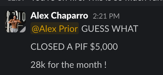 Client reports closing a $5,000 paid-in-full deal and $28K for the month