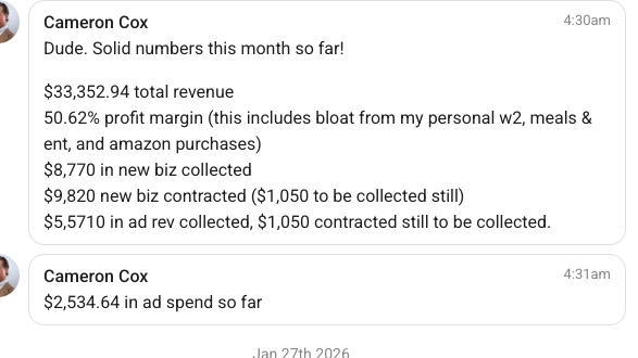 Client reports a $33,352 revenue month with a 50.62% profit margin