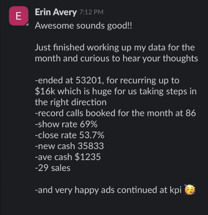 Client reports ending the month at $53,201 with a 69% show rate