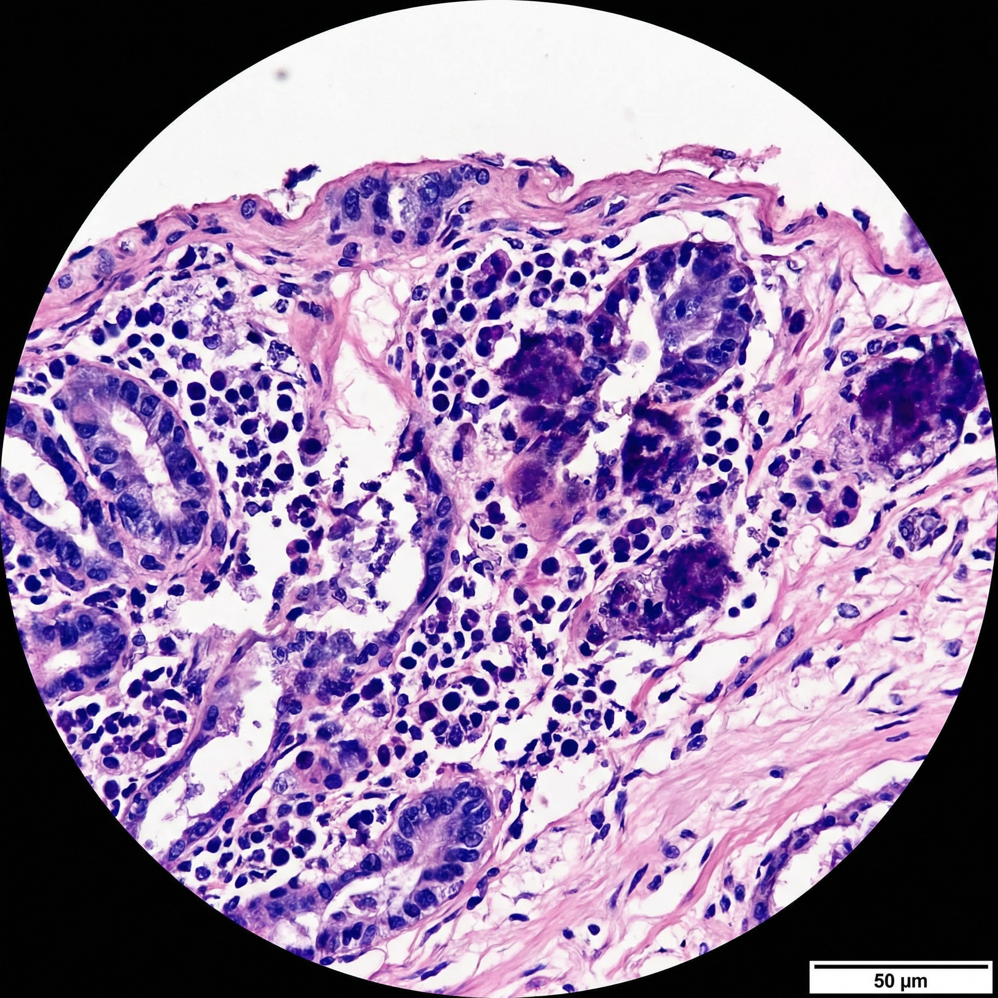 Microscopy of malnourished prostate tissue showing degraded cell structure