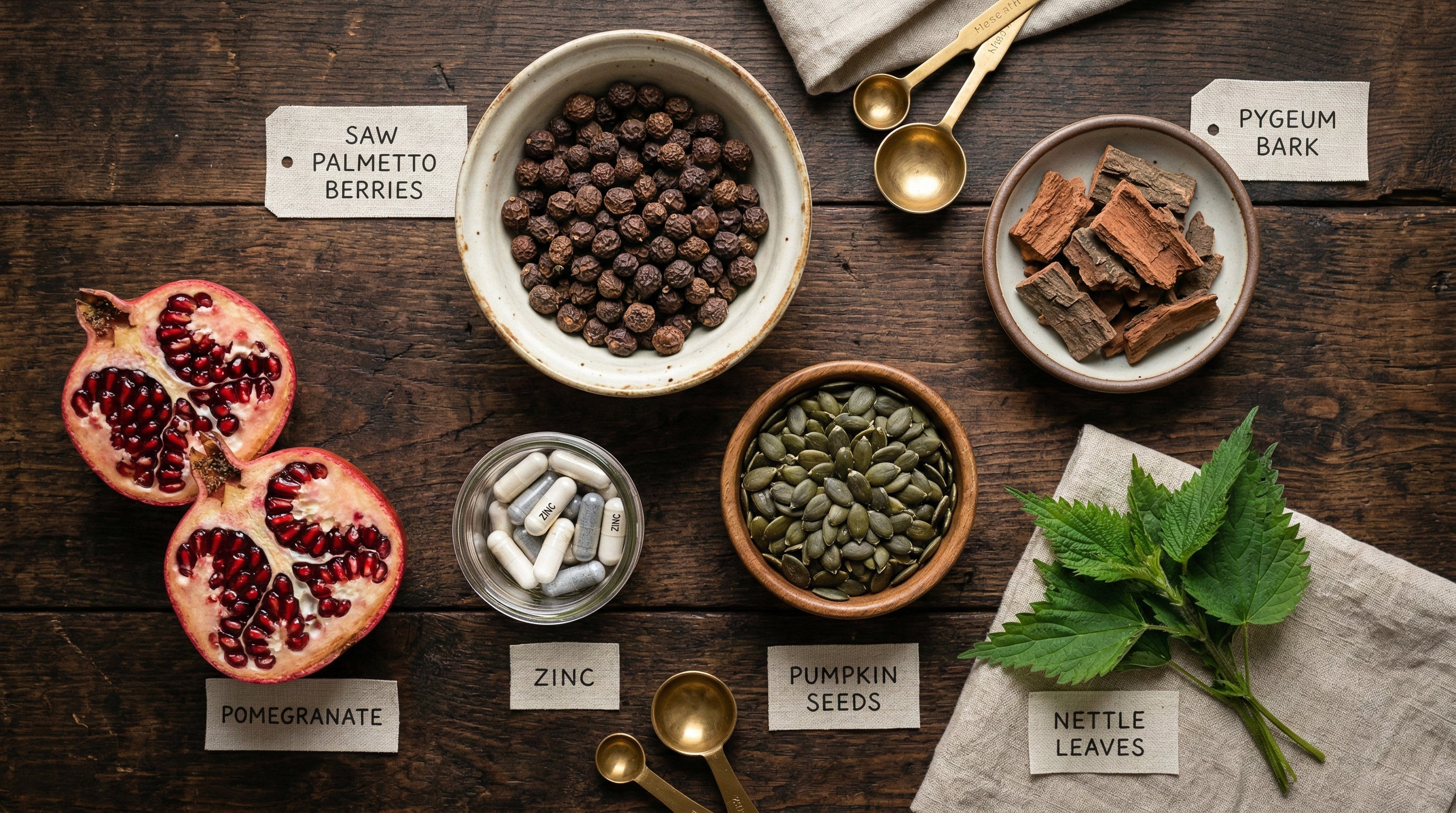 Natural prostate health ingredients - saw palmetto, pumpkin seeds, pygeum bark, nettle leaves