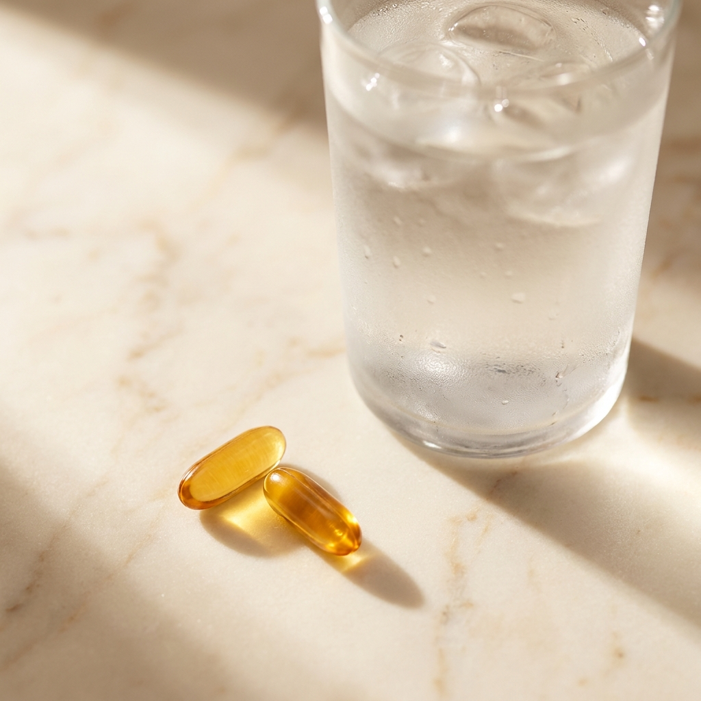 Two ProstaFlow capsules with a glass of water