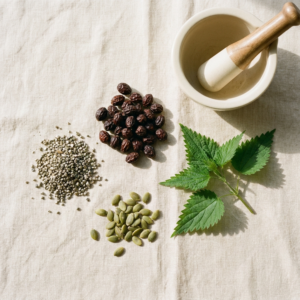 Botanical and mineral compounds nourishing flat-lay