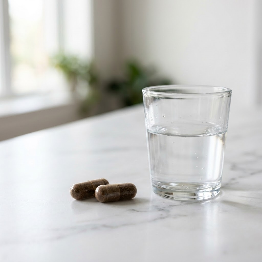 Two ProstaFlow capsules with glass of water