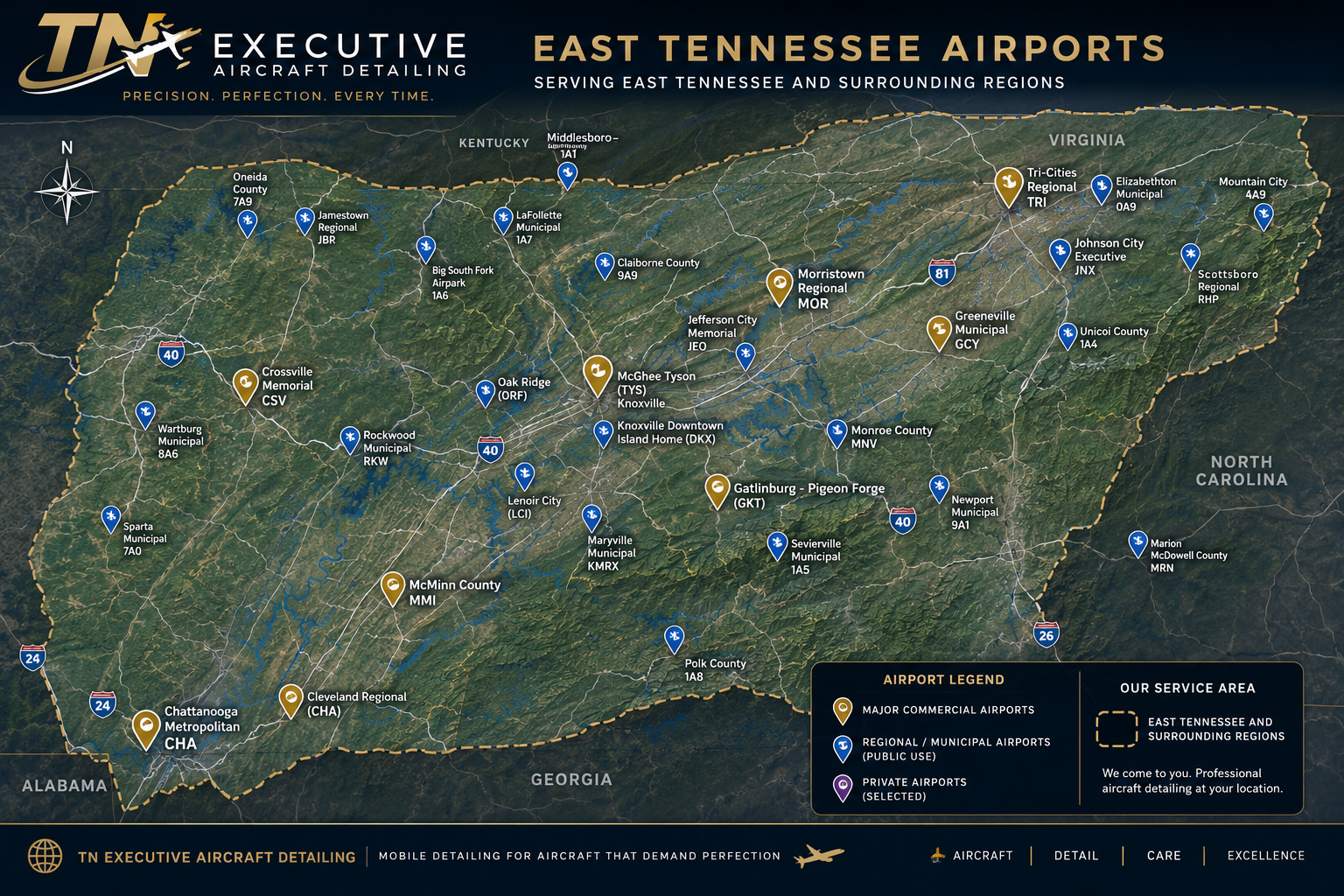 Map of East Tennessee airports served by TN Executive Aircraft Detailing