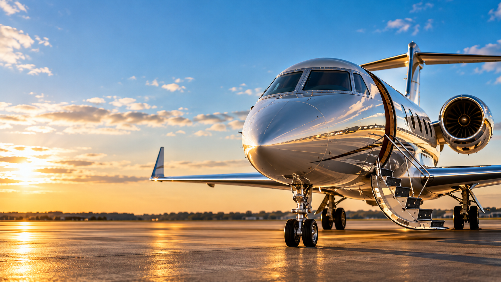 Private jet on ramp at golden hour