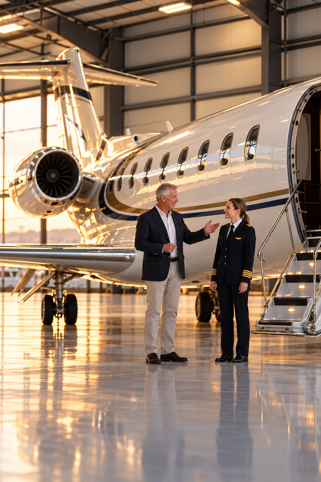 Detailed private aircraft inside a modern executive hangar with polished floor