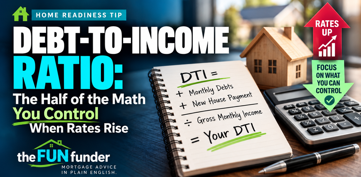 Notebook showing the debt-to-income ratio formula: monthly debts plus new house payment divided by gross monthly income, next to a calculator and model house