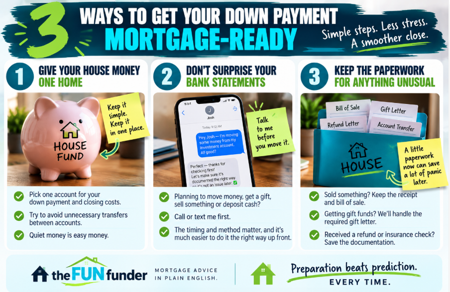 Three ways to get your down payment mortgage-ready by organizing funds, avoiding unnecessary transfers and keeping documentation Three ways to get your down payment mortgage-ready by organizing funds, avoiding unnecessary transfers and keeping documentation