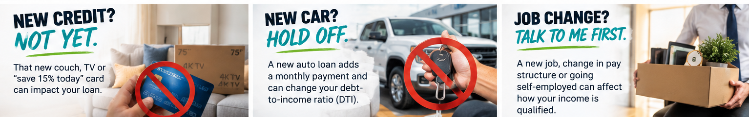Three things to avoid after mortgage pre-approval: opening new credit, financing a new car and changing jobs without talking to your loan officer Three things to avoid after mortgage pre-approval: opening new credit, financing a new car and changing jobs without talking to your loan officer