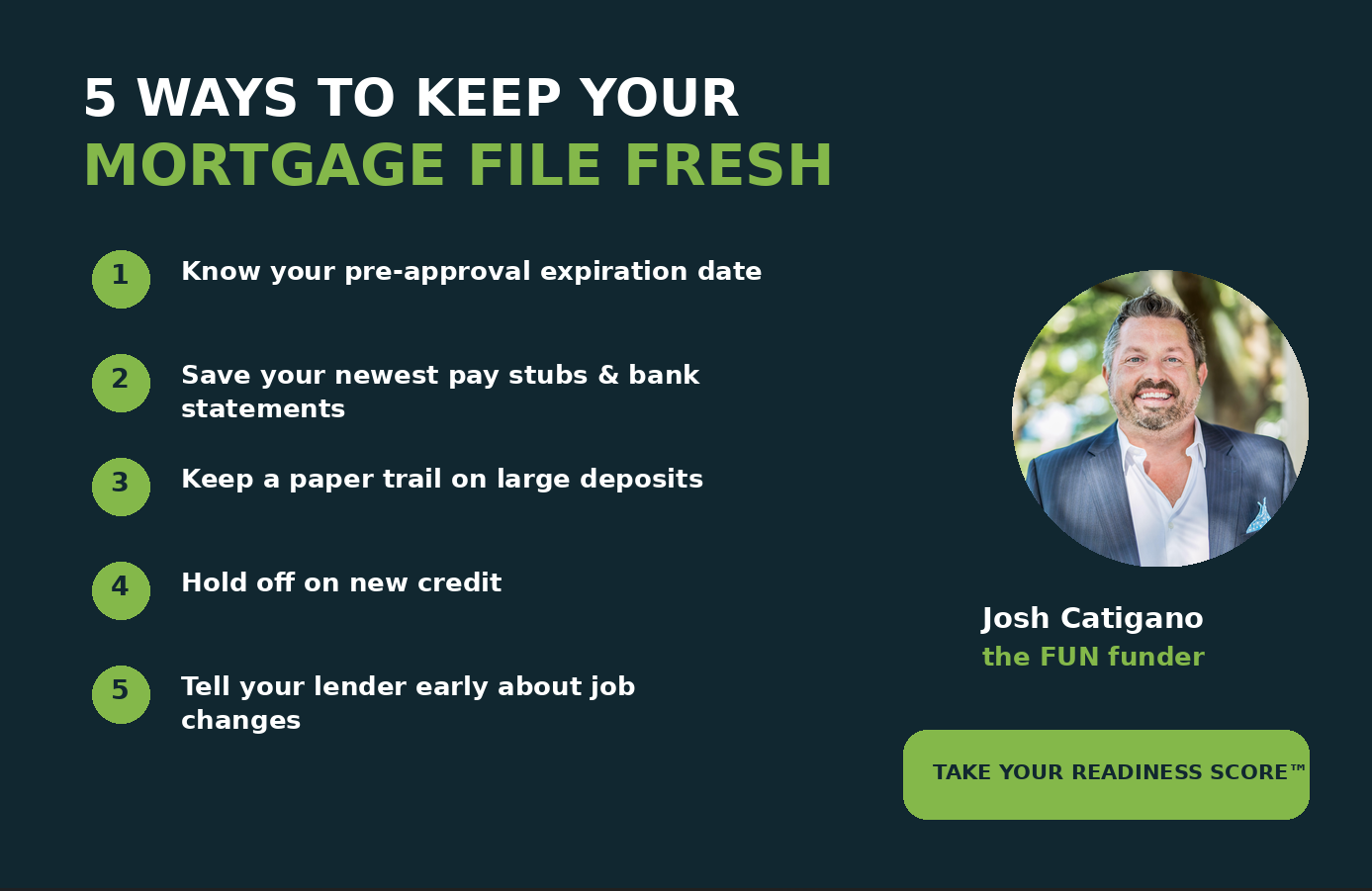 Five ways to keep your mortgage file fresh: update your pre-approval, save new documents, track large deposits, avoid new debt and report job changes Five ways to keep your mortgage file fresh: update your pre-approval, save new documents, track large deposits, avoid new debt and report job changes