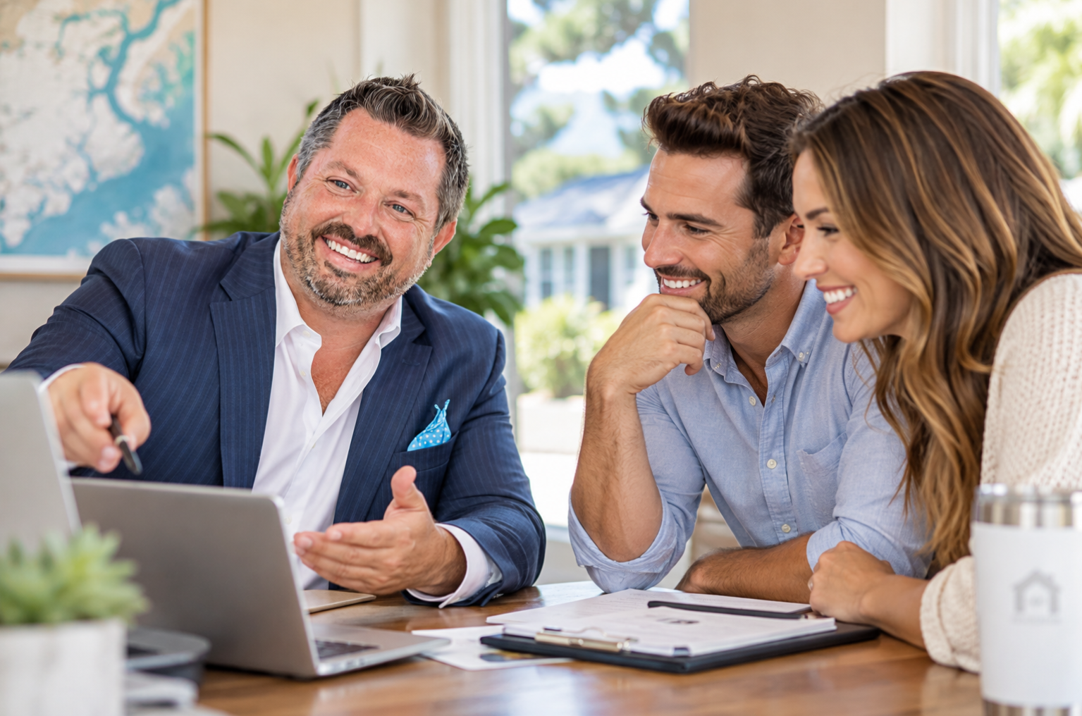 Mortgage loan officer meeting with homebuyers to review financing options and technology-assisted mortgage planning. Mortgage loan officer meeting with homebuyers to review financing options and technology-assisted mortgage planning.