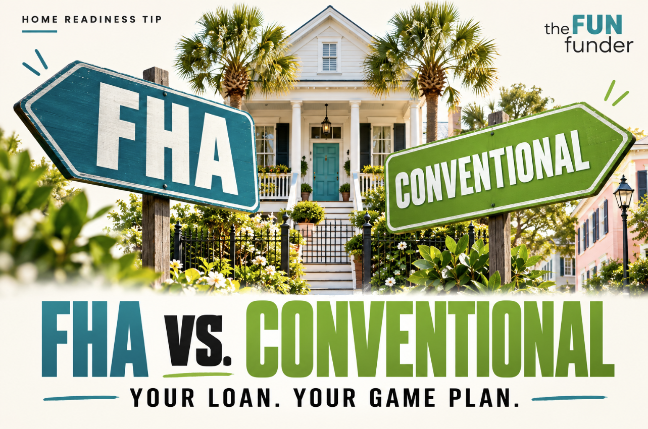 House with FHA and conventional direction signs and the headline “FHA vs. Conventional: Your Loan. Your Game Plan."