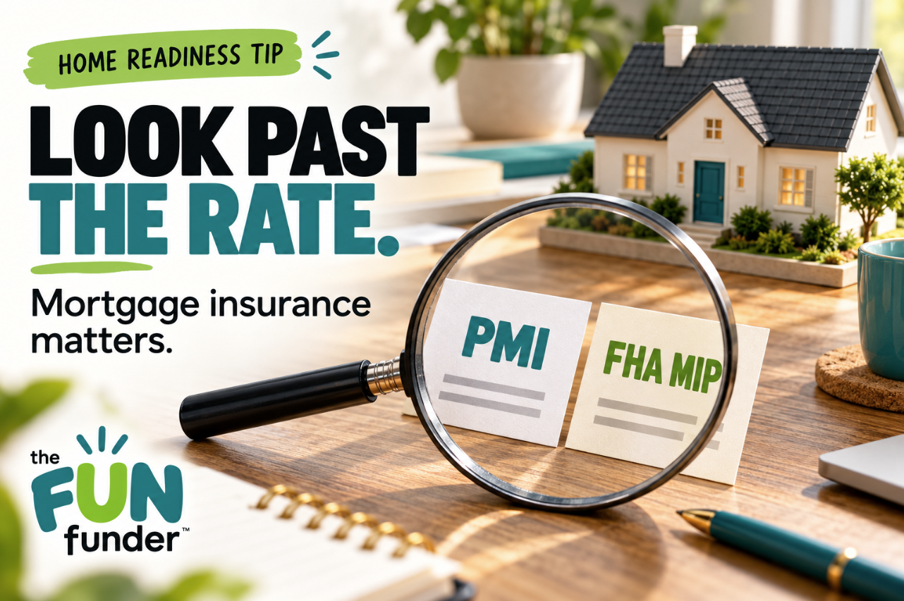 Miniature house and magnifying glass beside PMI and FHA MIP cards, with the message “Look past the rate."