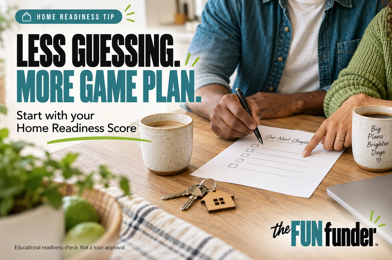 Homebuyers' hands reviewing a plan beside keys and coffee, with the headline “Less Guessing. More Game Plan."