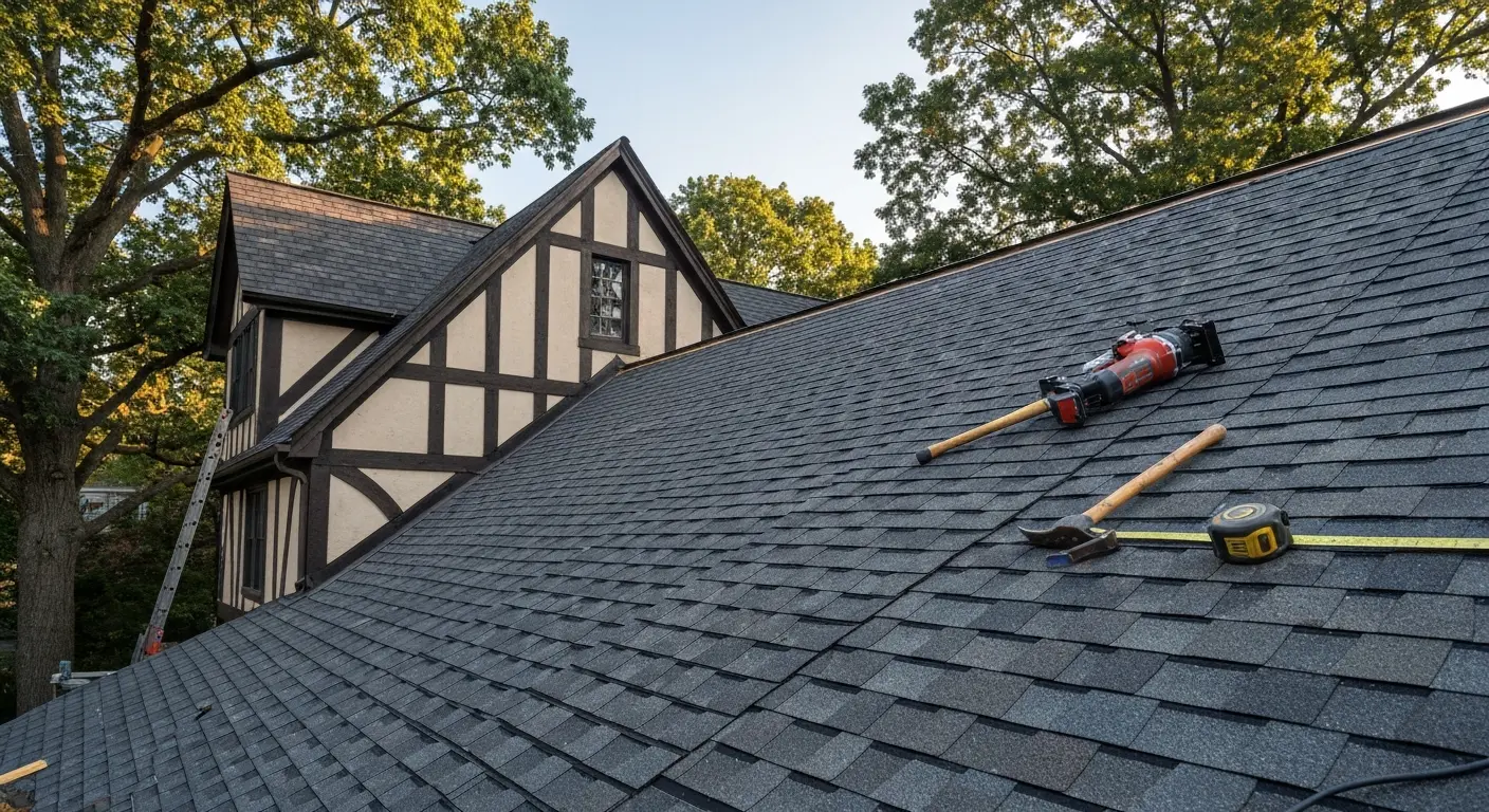 Roof replacement on Tudor-style home in Merion Golf Manor area