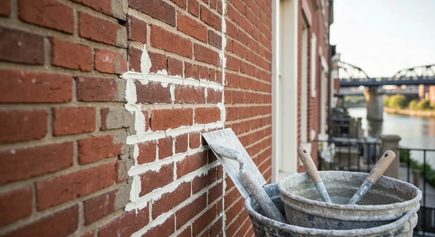 Masonry tuck-pointing on brick rowhouse