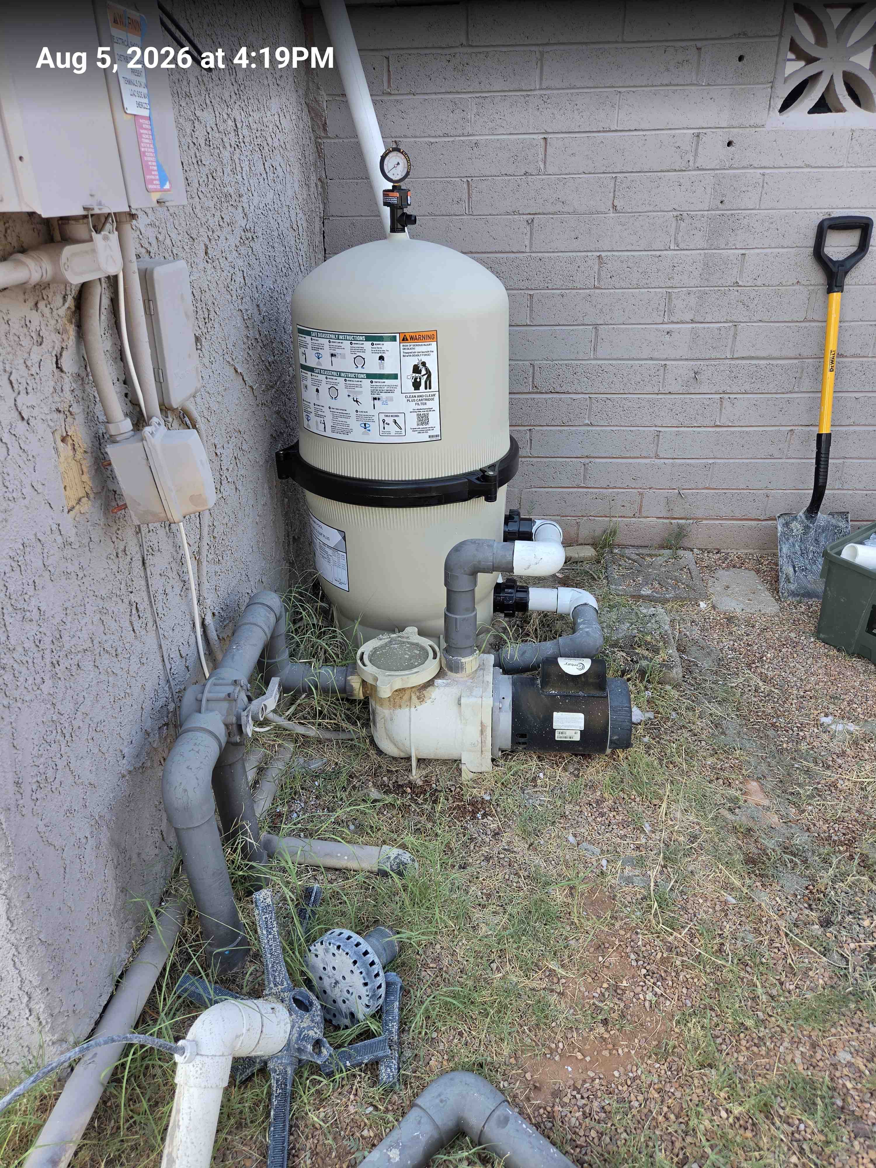 New beige cartridge filter installed where the sand filter was, stamped Aug 5, 2026 at 4:19 PM.