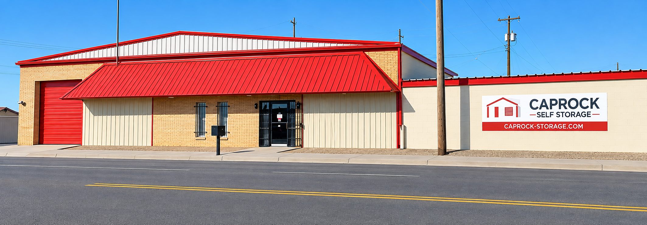The CapRock Self Storage office on North Quaker Avenue, red awning and banner