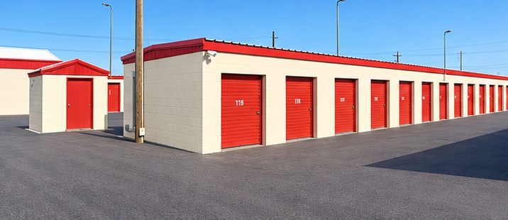 Drive-up units 113 to 119 with a security camera on the corner of the building