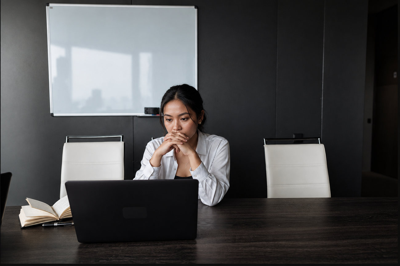 Filipina freelancer feeling overwhelmed while working on a laptop