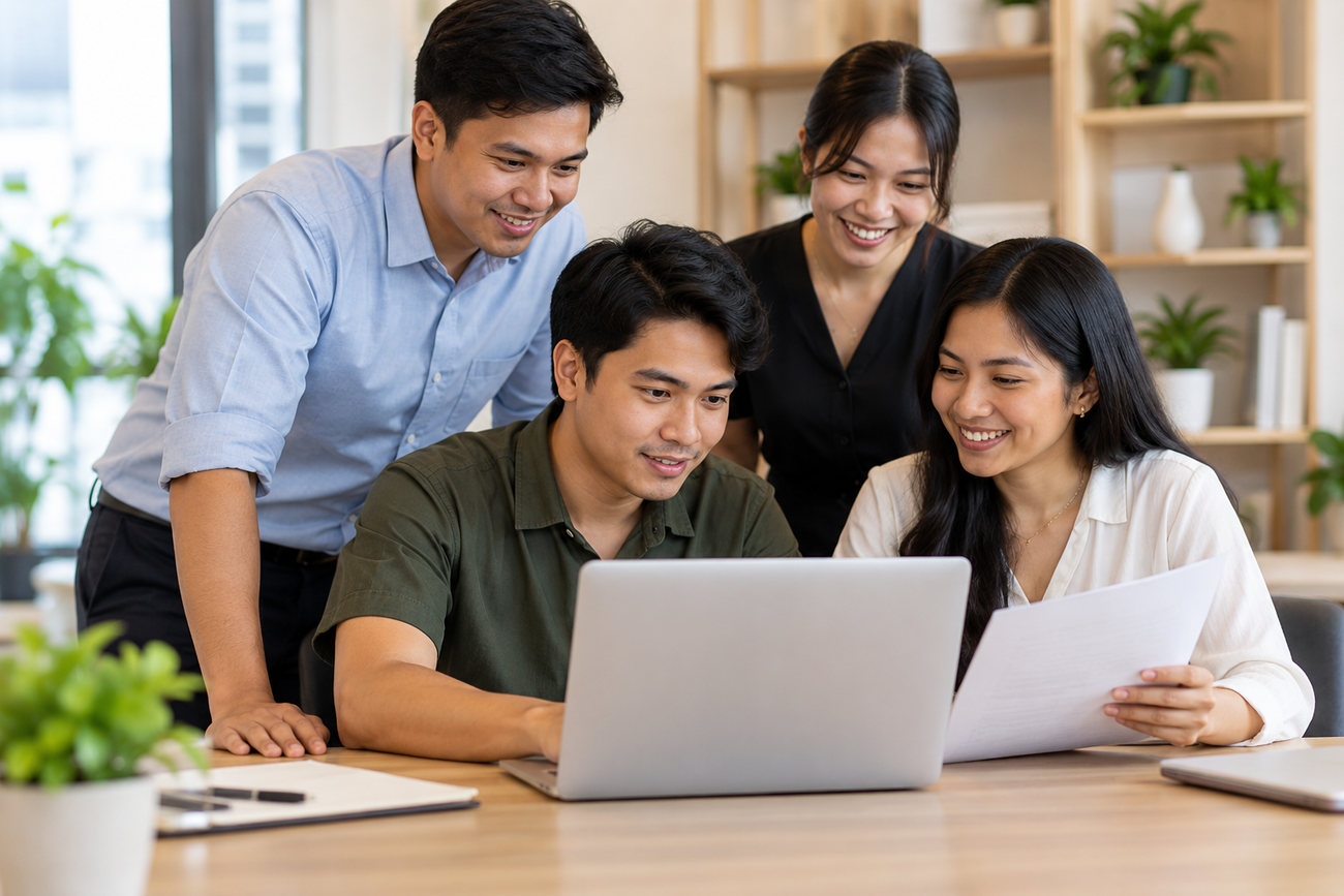 Filipino team collaborating around a laptop for Day 2