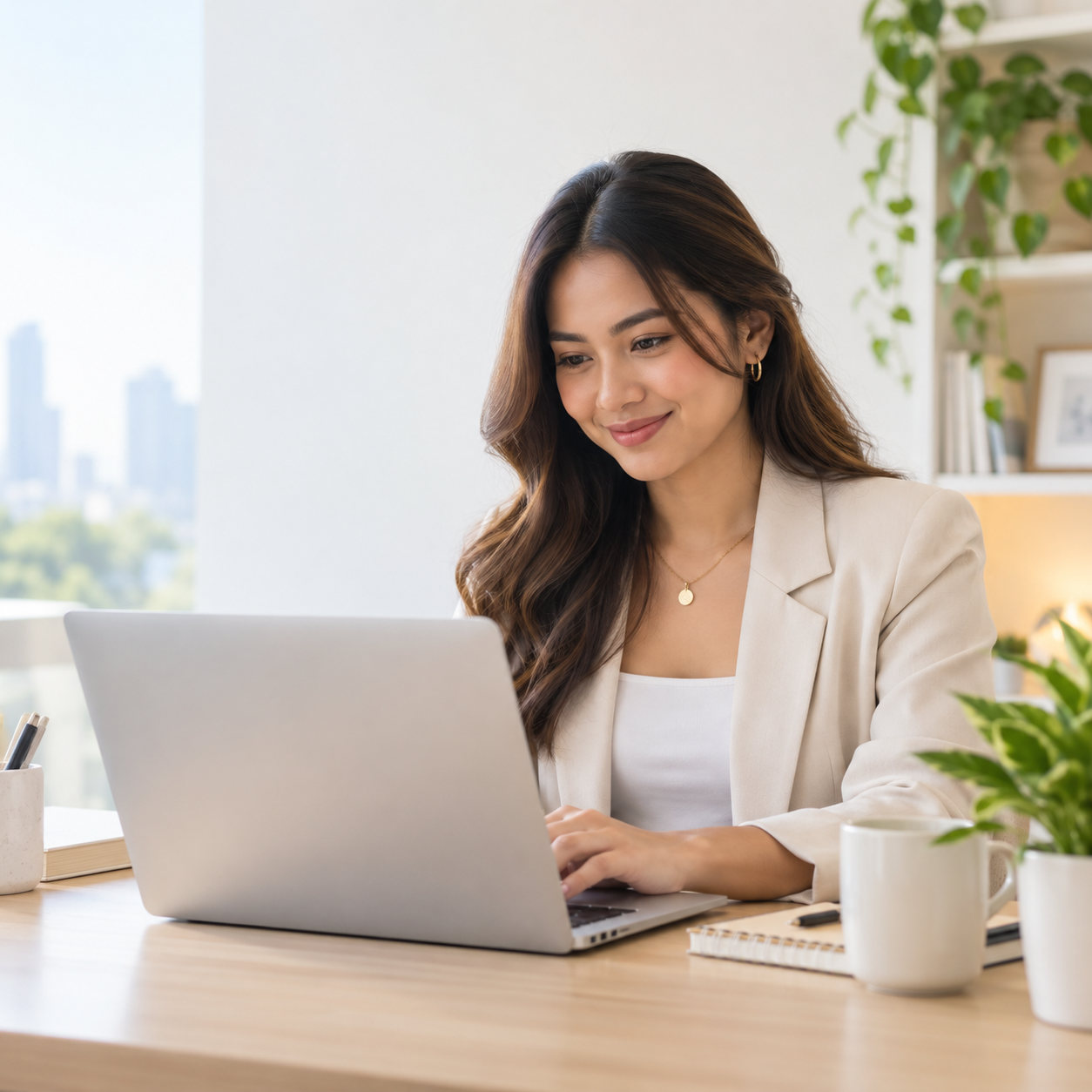Filipina professional working on a laptop