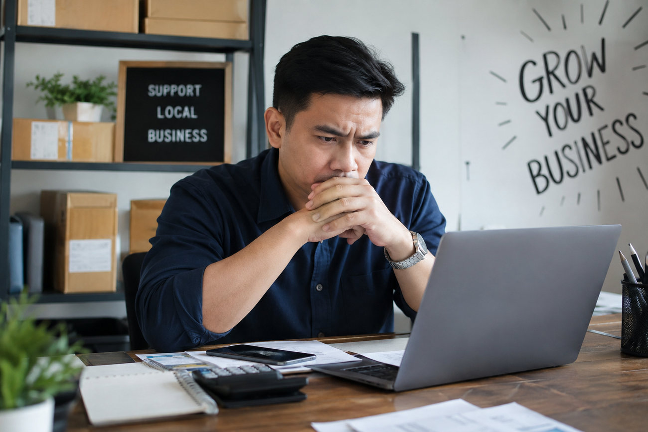 Filipino business owner reviewing leads and work on a laptop