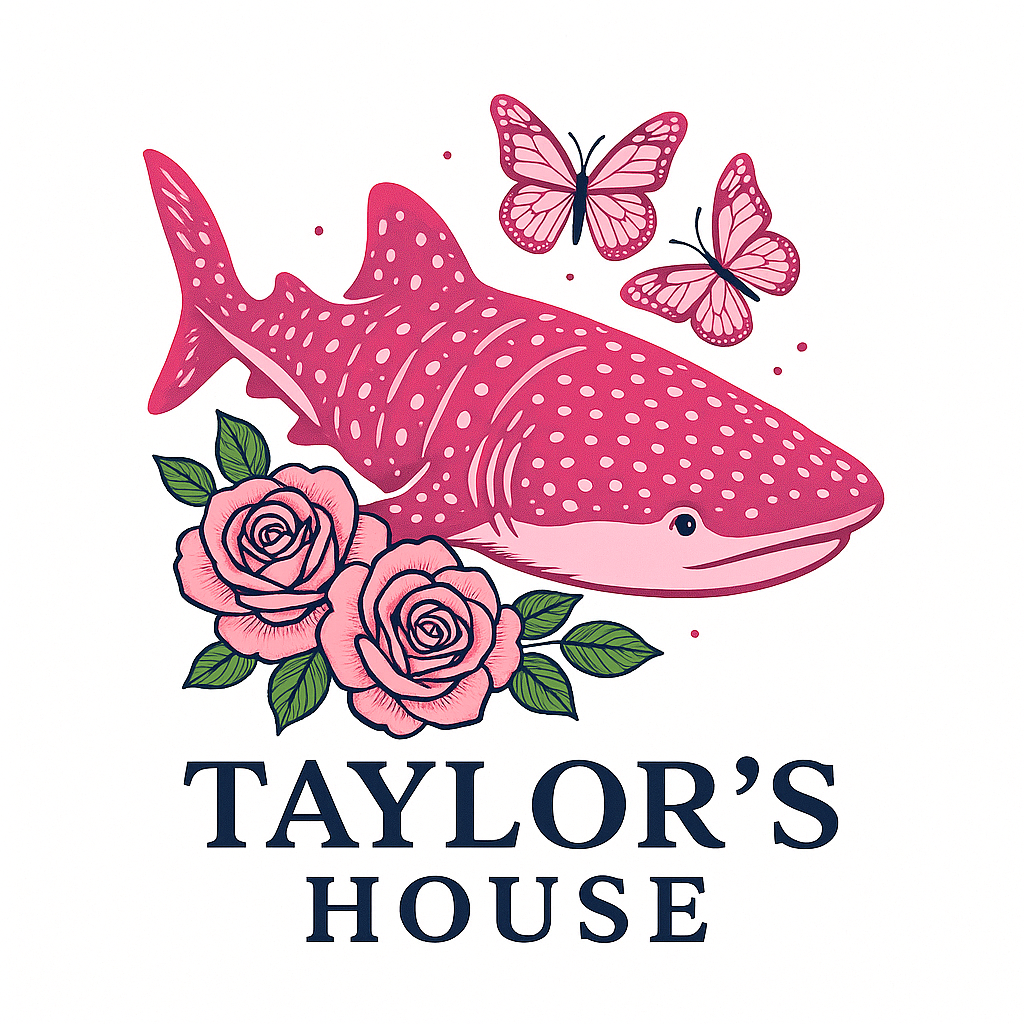Taylor's House logo — pink whale shark with roses and butterflies