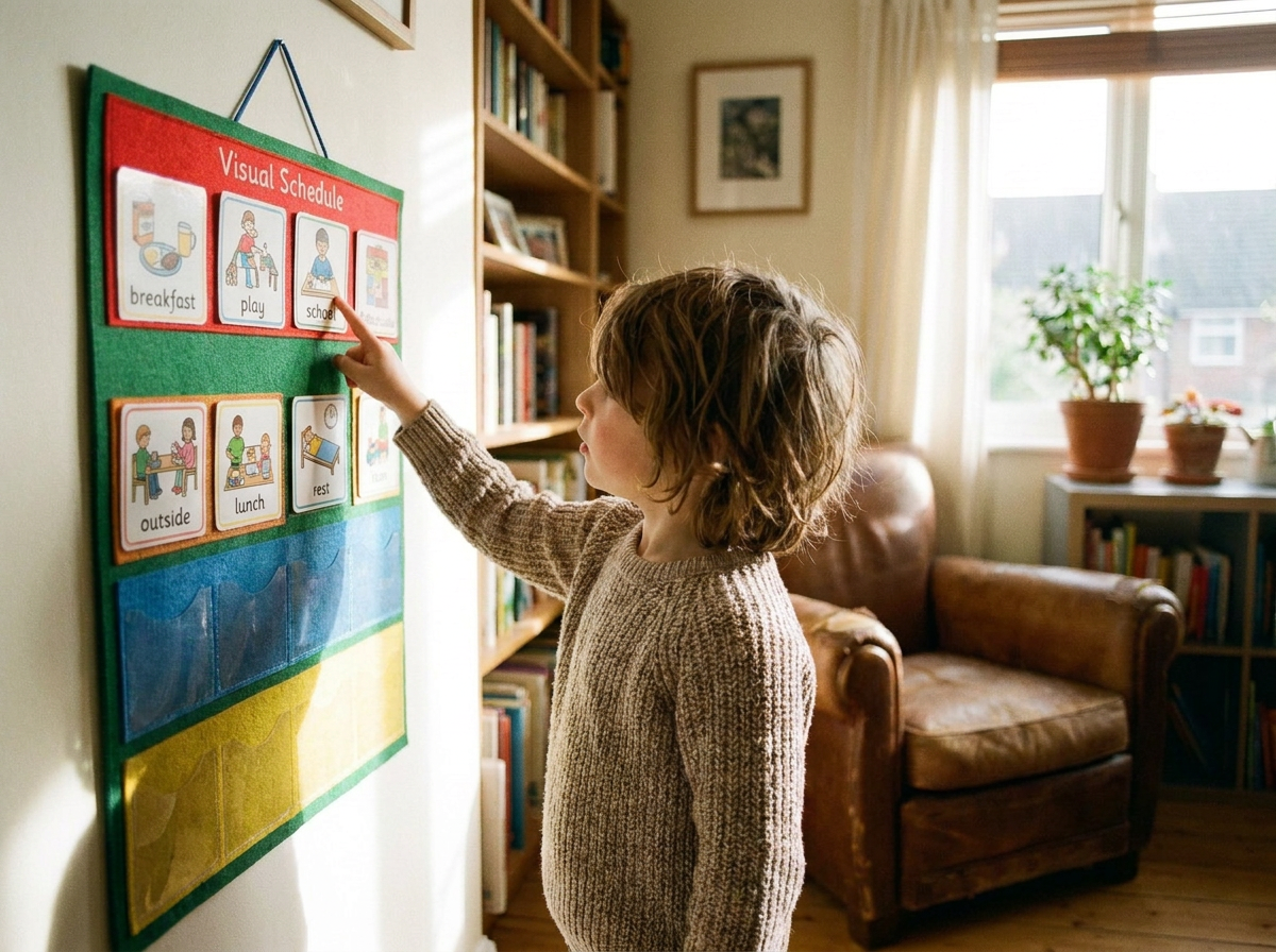 Child using a visual schedule during an everyday learning routine
