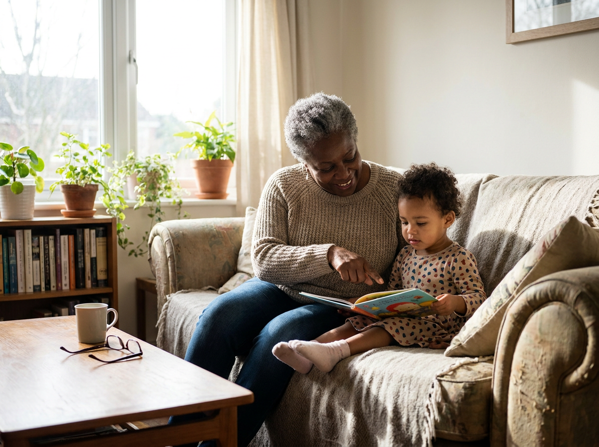 Caregiver and young child reading together