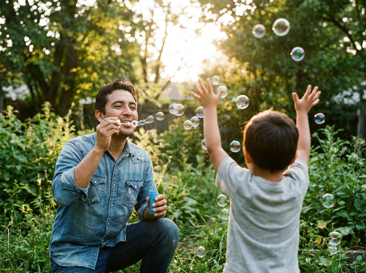 A parent and child playing with bubbles outdoors