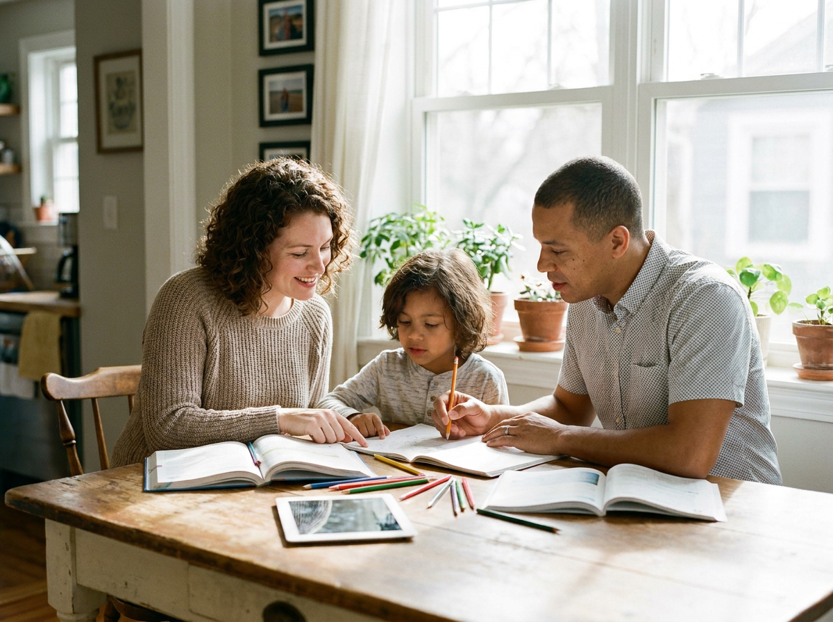 Family working together on learning activities at home
