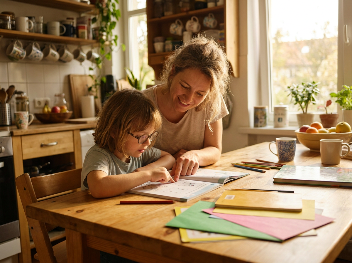 Parent and child working together during an everyday routine