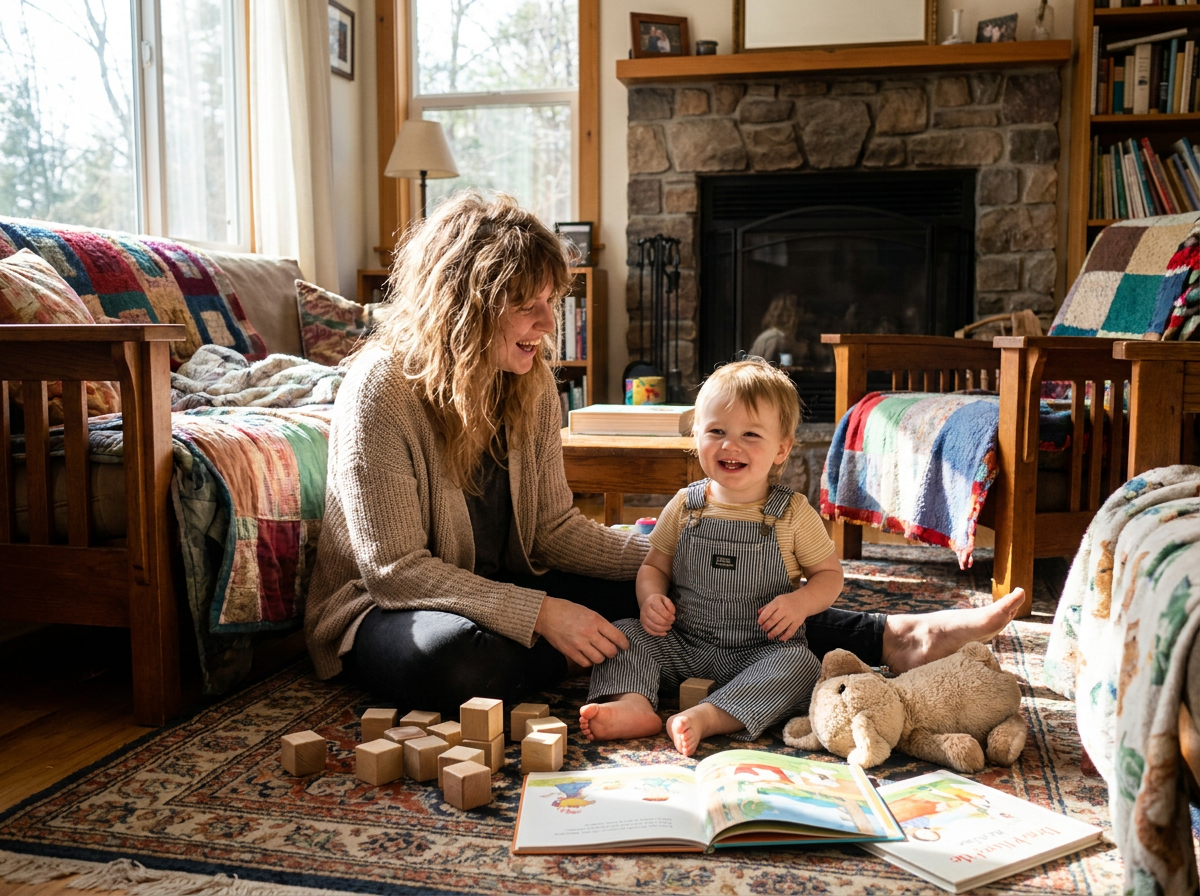 Caregiver and child playing together during an everyday routine