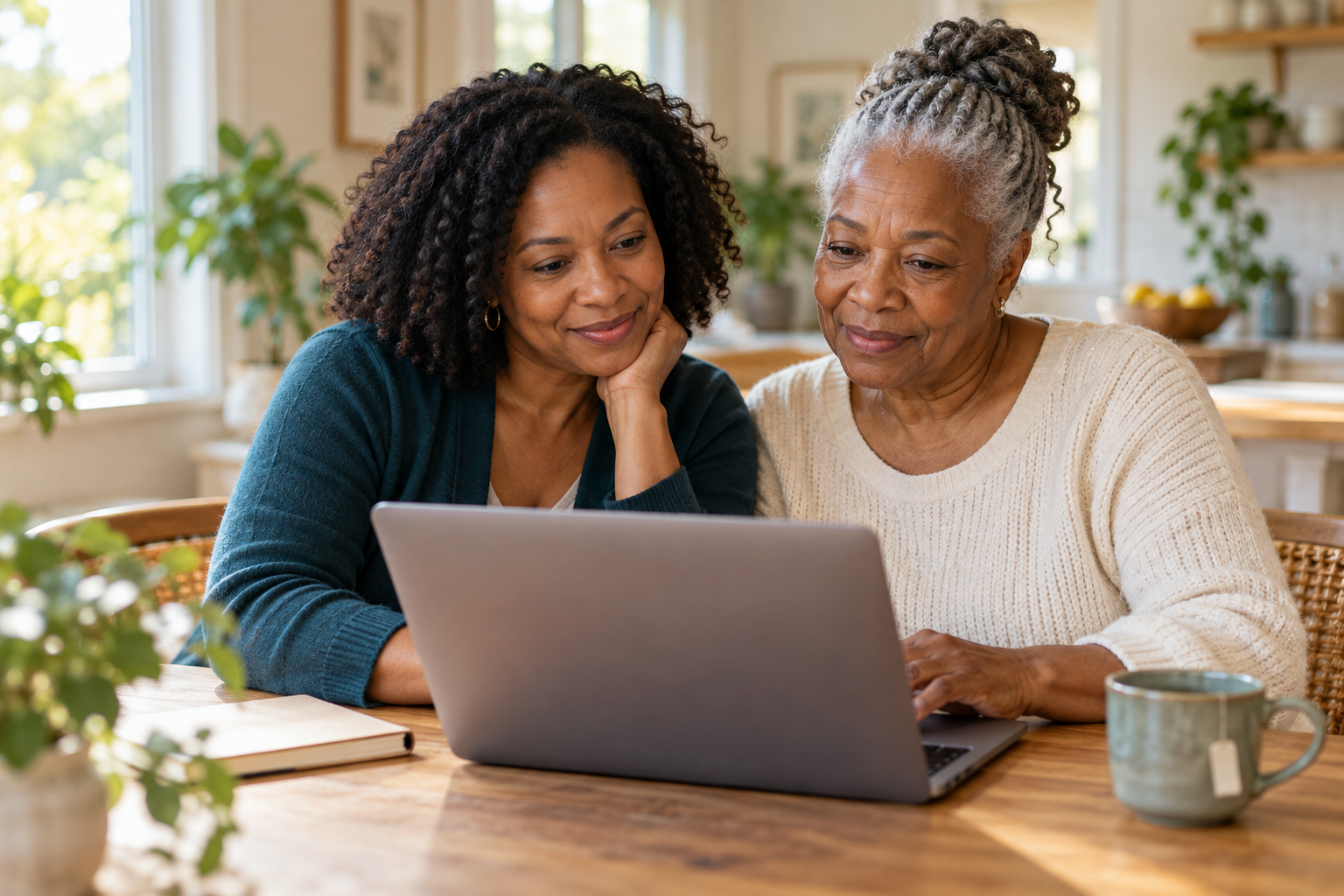 An older woman and her adult daughter sharing a relaxed moment together at a laptop