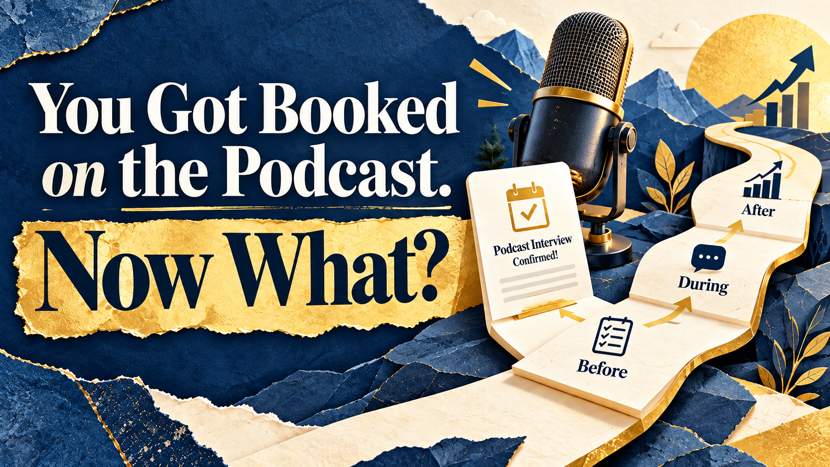 Podcast guest strategy showing a booked interview and a before, during, and after plan for turning a podcast appearance into business opportunities.