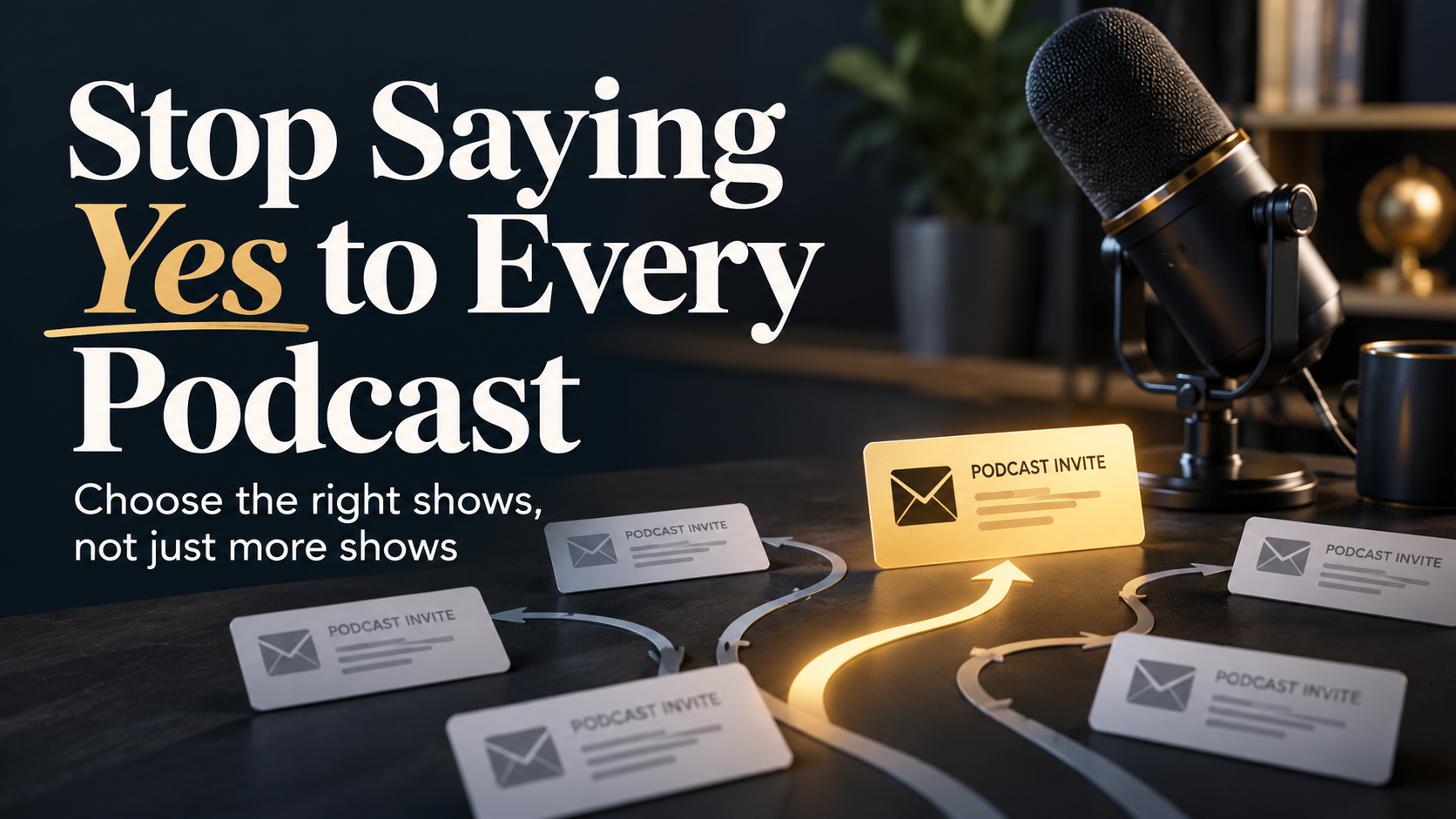 Podcast microphone surrounded by interview invitations, with one highlighted in gold to represent choosing the right podcast guest opportunities over accepting every invitation. Podcast microphone surrounded by interview invitations, with one highlighted in gold to represent choosing the right podcast guest opportunities over accepting every invitation.