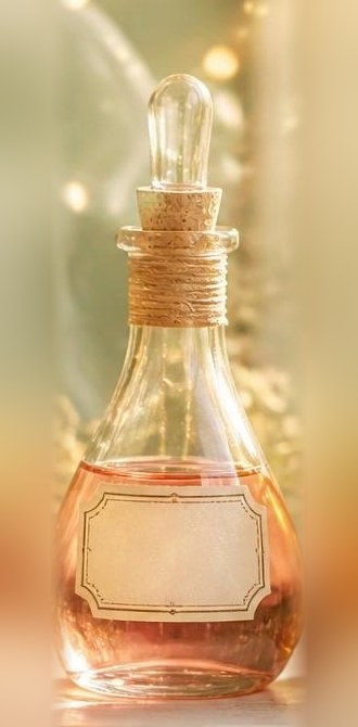 a rose-colored tincture in a teardrop bottle with a cork stopper