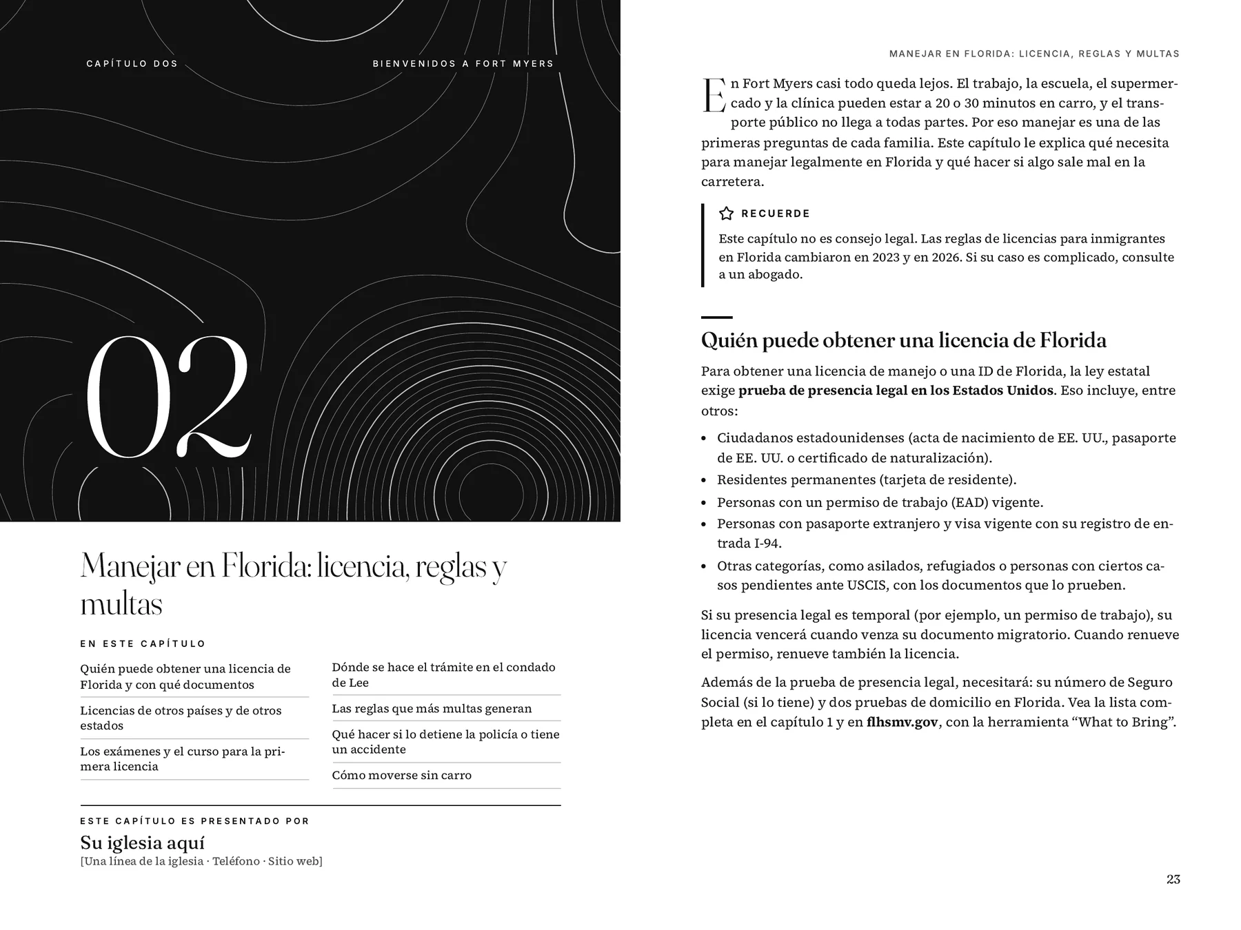 Sample chapter opener from Bienvenidos a Fort Myers, Manejar en Florida: licencia, reglas y multas. Black ink on white.