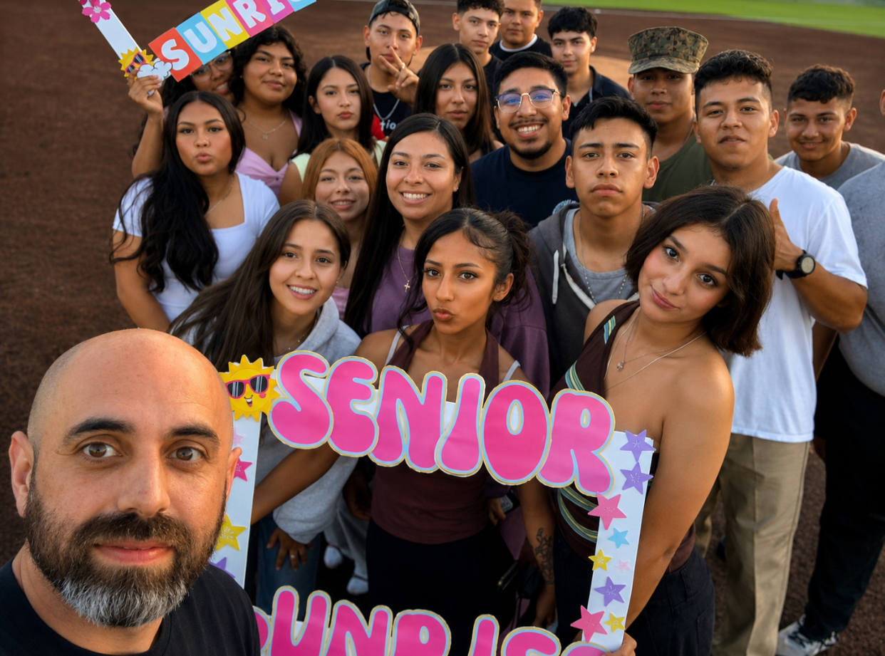 Anthony Armendarez with a large group of high school students