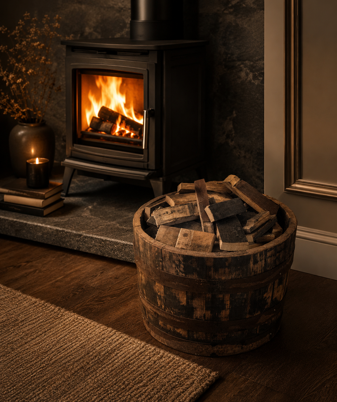 Free oakwood planter with premium firewood beside a lit stove