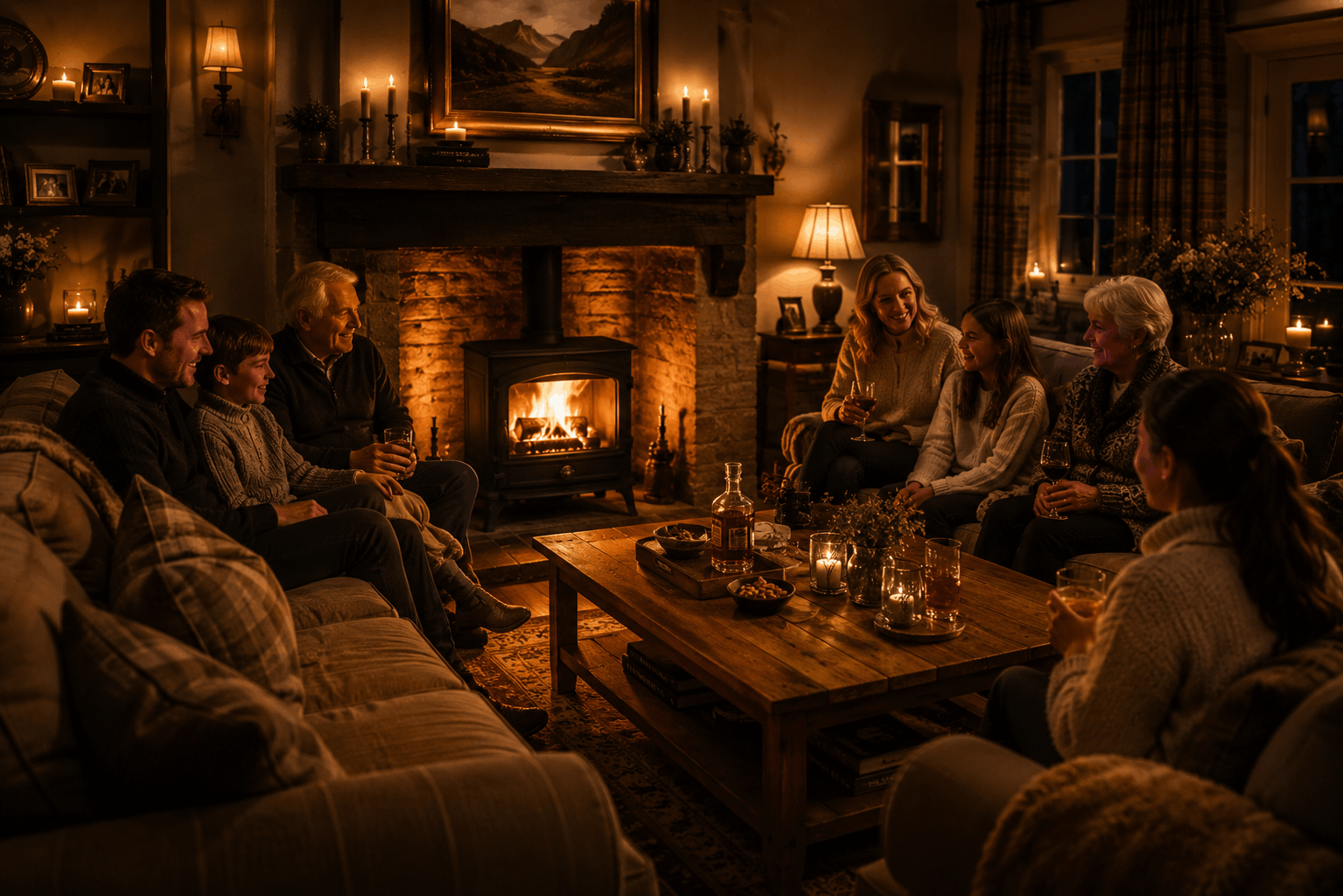Family gathered around stove