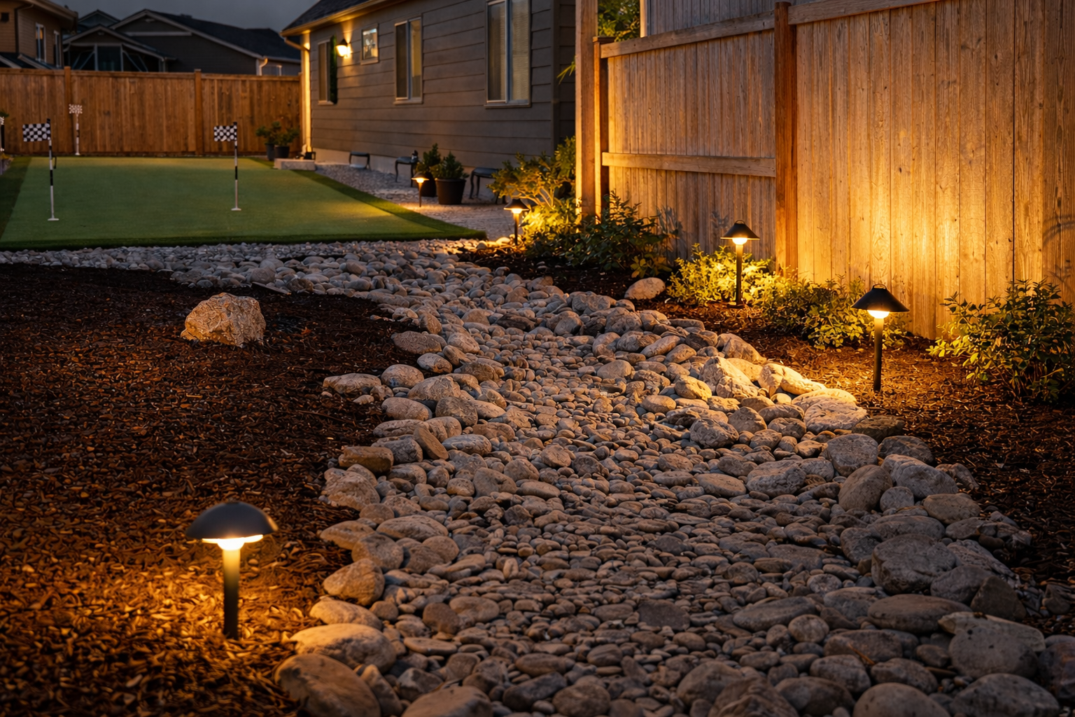 Landscape lighting along a garden path