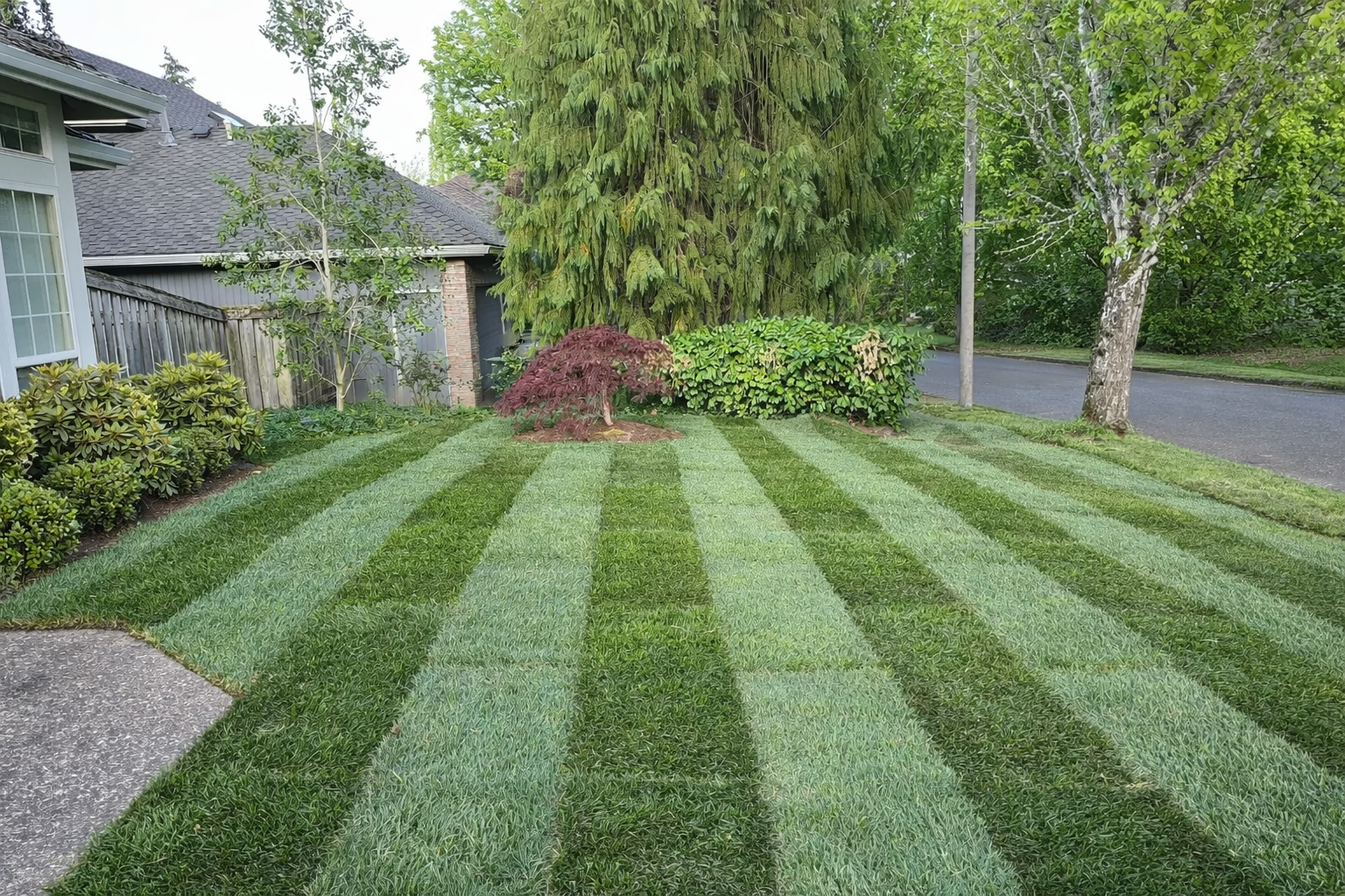 Neatly mowed striped lawn with trees and shrubs in the background