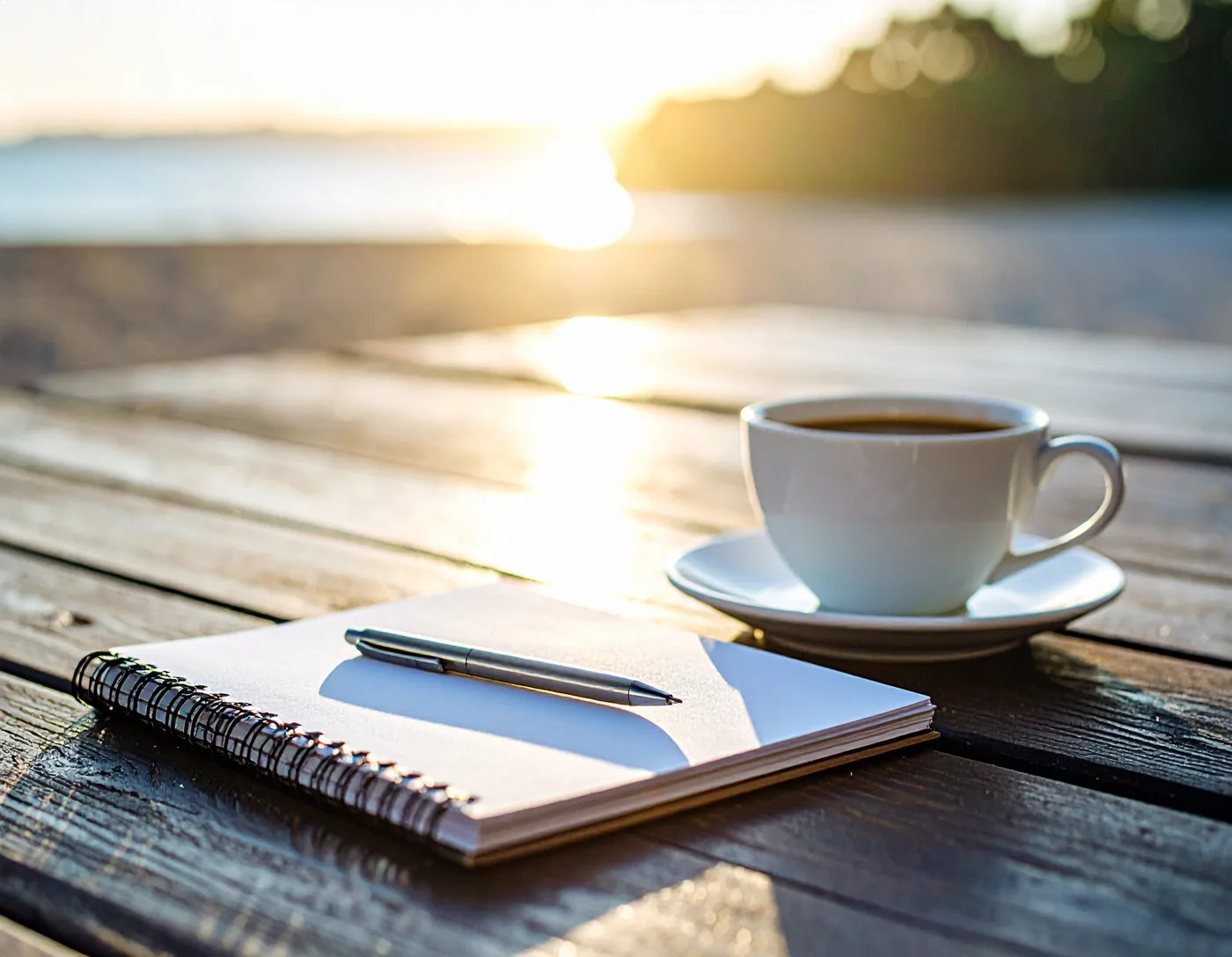 A notebook and coffee cup at sunrise