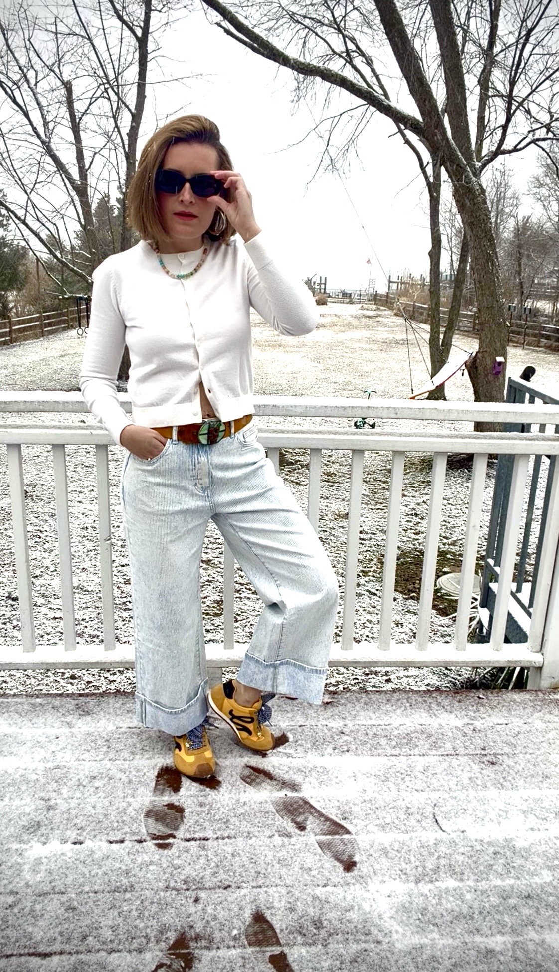 White Cardigan + Wide Leg Jeans
