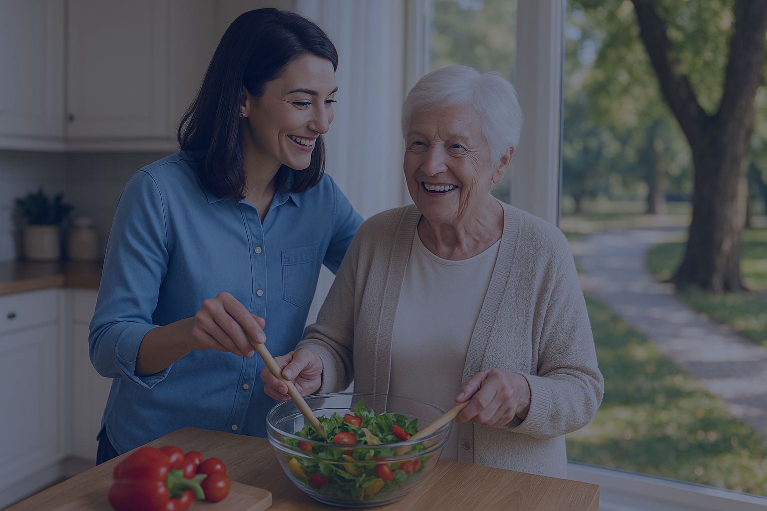 A caregiver and an older woman smiling together while preparing a salad in a kitchen