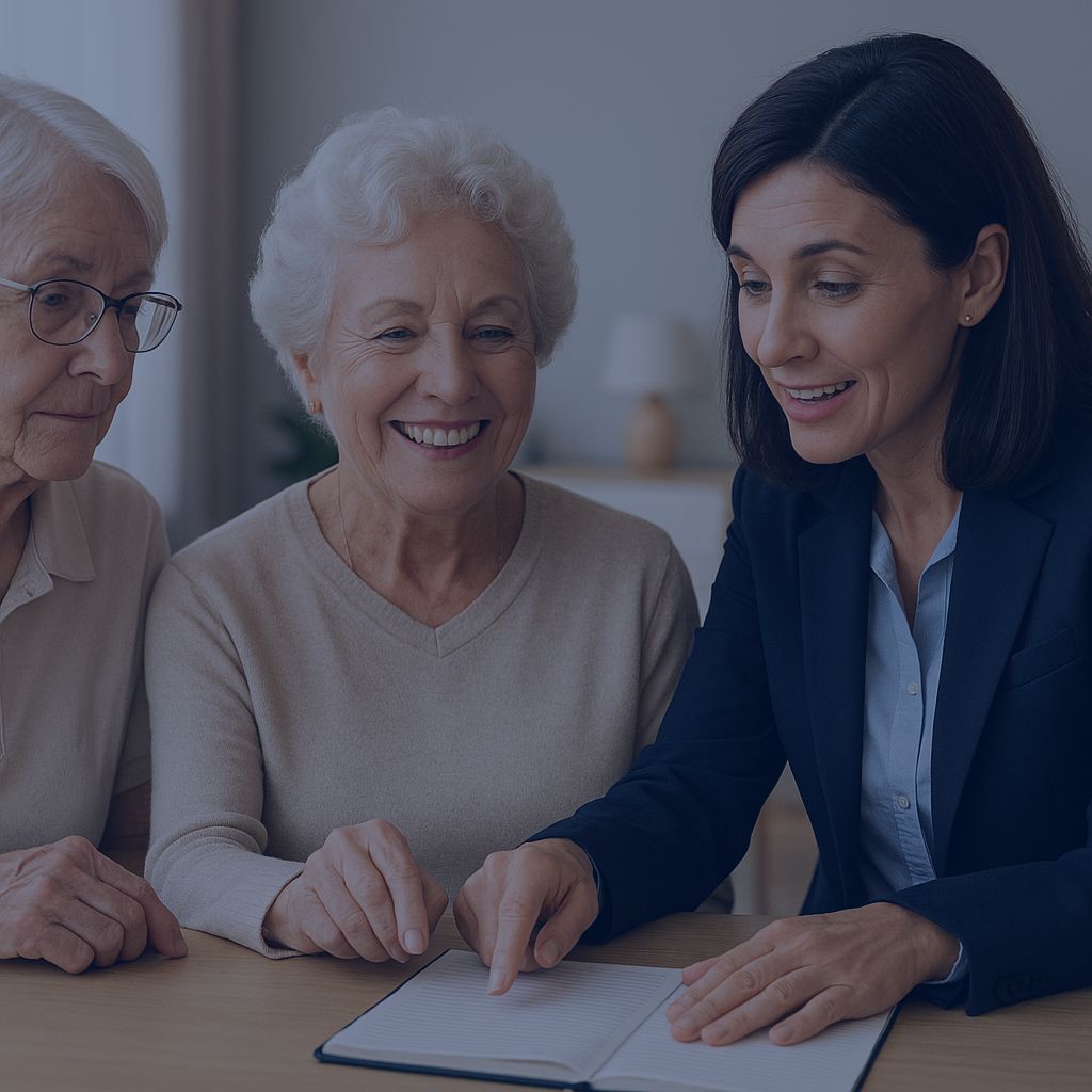 A smiling older woman with a caregiver